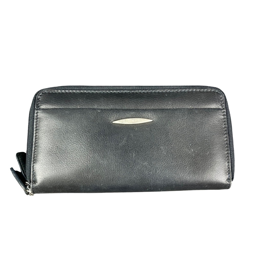 Rolfs Black Genuine Leather Double Zip Around Clutch Wallet with Checkbook Pen